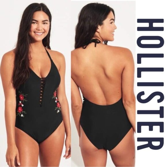 Hollister | Black and Red Floral Emboridered Monokini Swimsuit | Size Large - Picture 1 of 9